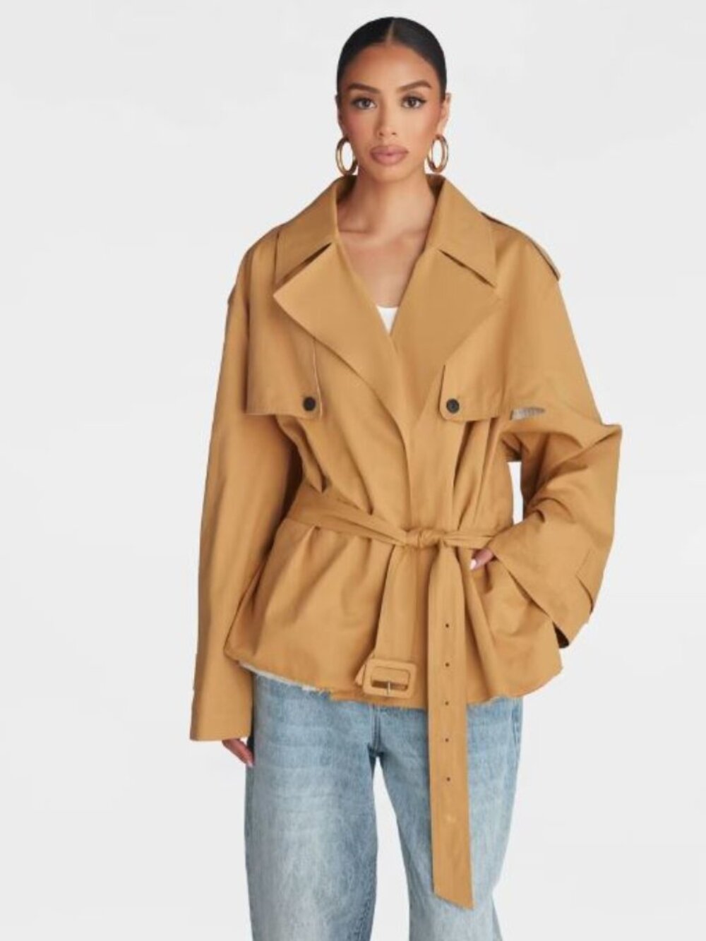 KBB by KAHLANA Women's 'The Belted Cropped Trench Jacket' - Light Brown M